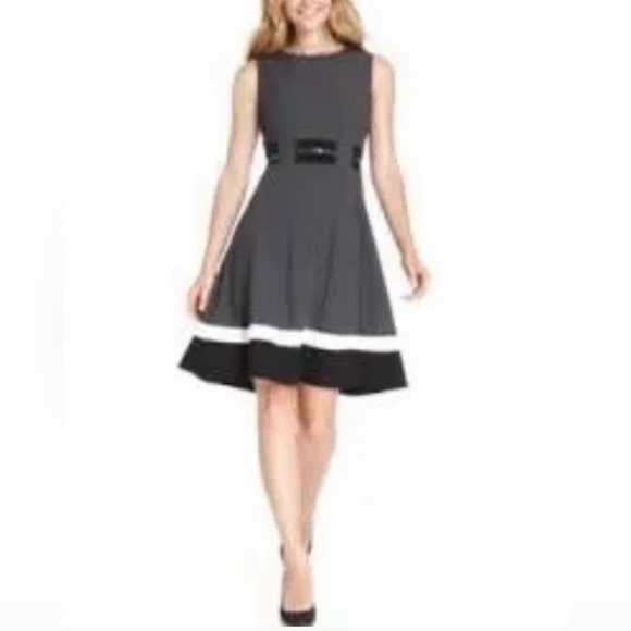 Calvin Klein Elegant Grey, Black and White Sleeveless Sophisticated Dress - Picture 2 of 14